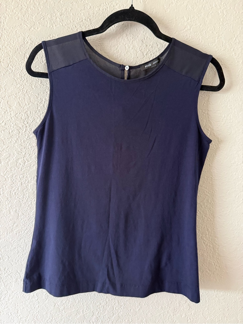 MNG Mango Basics Size S Navy Blue Sleeveless Top Keyhole Back Semi Sheer At Top